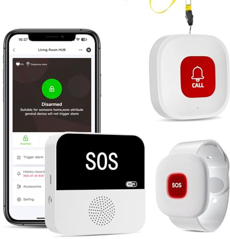 PILSAMAS Senioren Notruf Hausnotruf System, 1 Notrufarmband & Notrufknöpfen | WiFi Smart Pager Rufsystem, Kostenlose App-Benachrichtigungen, Visuellem SOS-Alarm, IP65 Wasserdicht