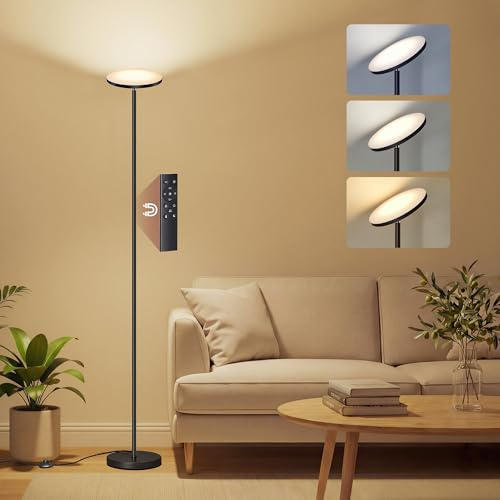 VASAGLE Stehlampe 30W, Deckenfluter Led Dimmbar, drehbarer Lampenkopf | Standleuchte Wohnzimmer, Leselampe, Timer, Tasten- und Fernbedienung, Schlafzimmer, mattschwarz, LUSIA Kollektion LFL018BD02