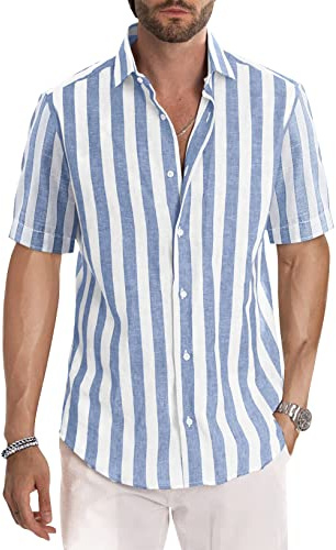 JMIERR Men's Shirts Short Sleeve Summer Striped Casual Shirt Button Down Regular Fit Tops,Sky Blue,2XL