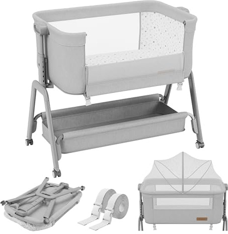 TULANO Dream 50 3in1 Beistellbett Baby mit Rollen - Babybett - Reisebett | mit matratze - höhenverstellbar - bis 9kg - Neigbare Liegefläche - Mit Moskitonetz und Aufbewahrungskorb - Gris