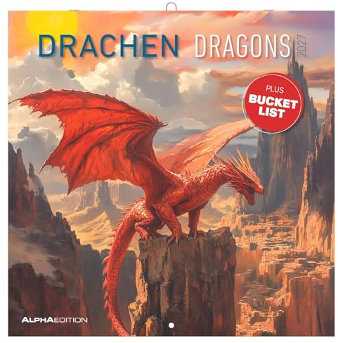 Drachen 2027: Wandkalender 30x30 cm (30x60 cm geöffnet) mit Notizkalendarium, 12 Drachenmotiven und Bucket-List