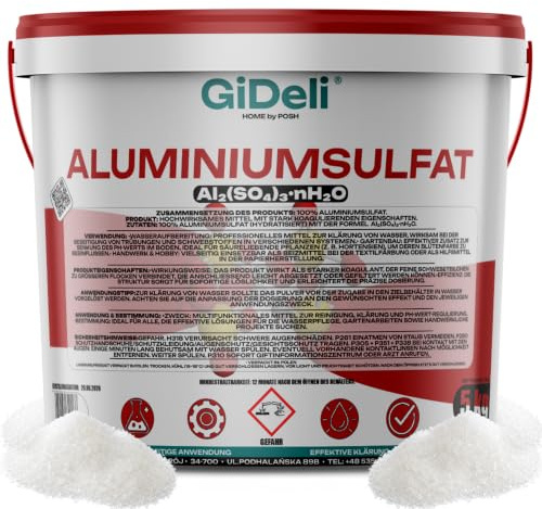 GiDeli Aluminiumsulfat 5kg im Eimer Pulver 100% Pure - Flockungsmittel zur Wasseraufbereitung & Poolklärung - feines Mittel zur Bodenversauerung für Blaue Hortensien - Isoliersalz & Beizmittel