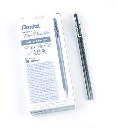 Pentel K110-DZX Dual Metallic Hybrid Dual Metallic Gelroller, Glitzer Gel, 12er Pack, silber 2 verschiedene Farb-Effekte auf hellem/dunklem Papier silber+metallic silber