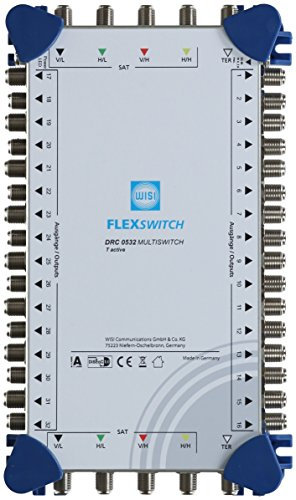 WISI FLEXSWITCH Multischalter DRC 0532 – Kaskadierbarer 5-in-32 Multiswitch mit aktivem terrestrischem Zweig für 32 Teilnehmer – Für DVB-T/T2, DVB-S/S2, DAB & UKW, silber