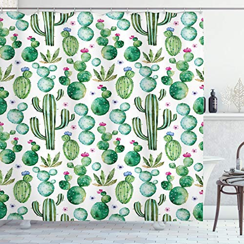 ABAKUHAUS Grün Duschvorhang, Mexikanischer Kaktus-Anlagen, Moderner Digitaldruck mit 12 Haken auf Stoff Wasser und Bakterie Resistent, 175 x 200 cm, Lime Green Pale Pink