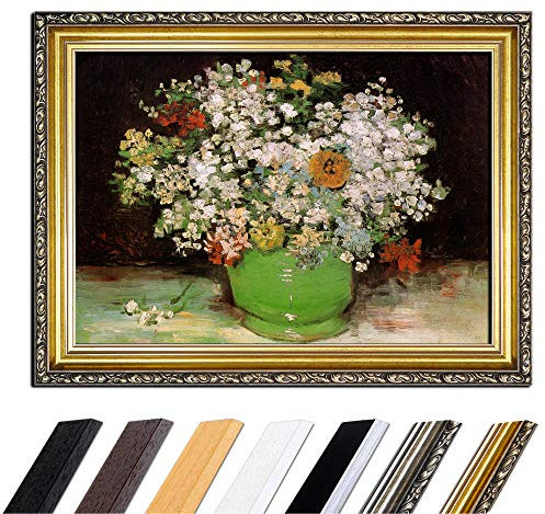 Bild mit Rahmen - Vincent van Gogh Vase mit Zinnias und anderen Blumen 90x70 cm - Gerahmtes Leinwandbild Alte Meister - Antiker Rahmen Gold Barock, Klassisch