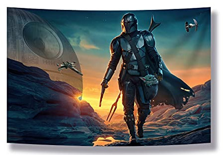 SUIBIAN Tapisserie Banner Star Wars Mandalorian Yoda Blue Death Star Wall Poster Wall Hanging Decoration for Bedroom Dorm Cool-for Party Art Wall Tapisserie (Mandalorian Yoda, 99 x 150 cm)