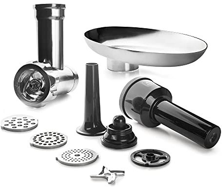 Lacor - 69685 - Set Accesorios Batidora, Complementos para Picar Carne o Hacer Salchicas, Embutidora y Kibbe, 4 Cuchicas para Picar, Acero Inoxidable, Negro