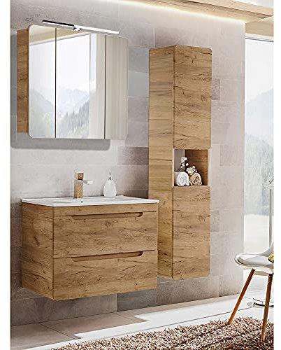 Lomadox Badezimmermöbel Komplett Set Eiche 81 cm Waschtisch, LED-Spiegelschrank, Hochschrank