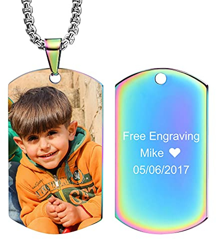 MunkiMix Benutzerdefinierter Hundemarken Text und Bild gravierte Halsketten mit farbigem/schwarz-weißem Bild Anhänger personalisiertes Geschenk für Männer/Frauen Schmuck