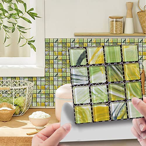 Piastrelle Ddesive Cucina Mosaico Verde Giallo Piastrelle Adesive Bagno Impermeabile Mattonelle Adesive PVC Adesivi per Piastrelle Cucina Fai da Te Mattonelle Adesive Bagno10 Pezzi(10X10cm)