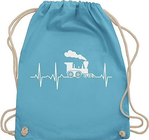 Turnbeutel Rucksack - Hobby Outfit - Dampflok Herzschlag weiß - Unisize - Hellblau - geschenke kinderrucksack fahrzeuge kinder zug stofftasche kindergartenrucksack flugzeugen züge sportbeutel