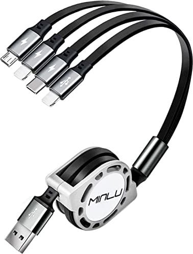 Cavo di ricarica multiplo da 1,2m Cavo di ricarica rapida USB retrattile 4A 4-in-1 con doppie 2 IP/Tipo C/Micro USB per telefono 16/15/14/13/12/Xs/Xr/X/8/7/6/se/Huawei/Samsung Galaxy/Pixel/Sony/Xiaomi