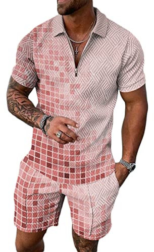 Osheoiso Survêtement Shorts de Sport 2 Pièces pour Homme Polo Chemise de Travail Costume Grande Taille Chemise Decontracte Running Fitness Musculation Ensembles Été A Rose L