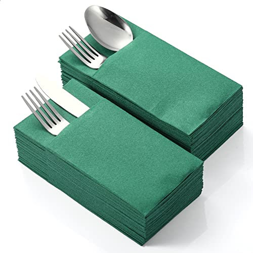 LEKOCH 50 PCS Einweg Besteckservietten Dunkel Grün, Air Laid Stoffähnlich Servietten Vorgefaltet Bestecktasche Für Hochzeit Premium QUALITÄT,40 * 40