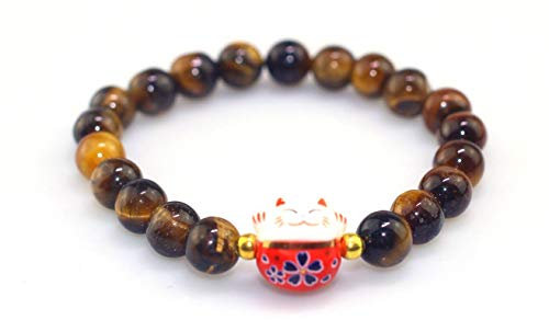Générique Bracelet Japonais Maneki Neko (招き猫) Porte Bonheur Perles Naturelles (18 cm réglable) (Oeil de Tigre)