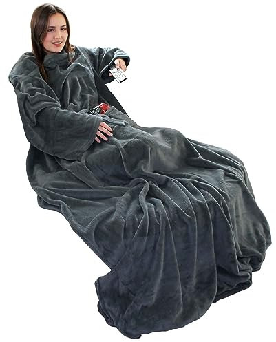 Brandsseller Flauschige TV-Decke mit Ärmeln ca.150 x 180 cm Kuscheldecke in Flanell/Sherpa Feeling - Doppeltasche und Fußtasche Grau