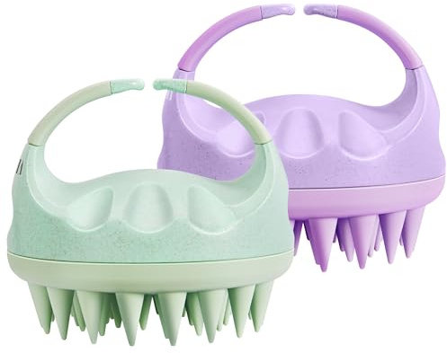 HEETA Scalp Massager with Soft Silicone Bristles for Hair Growth, Dandruff Removal, and Scalp Relaxation - Shampoo Brush for Wet or Dry Hair (Green & Purple)