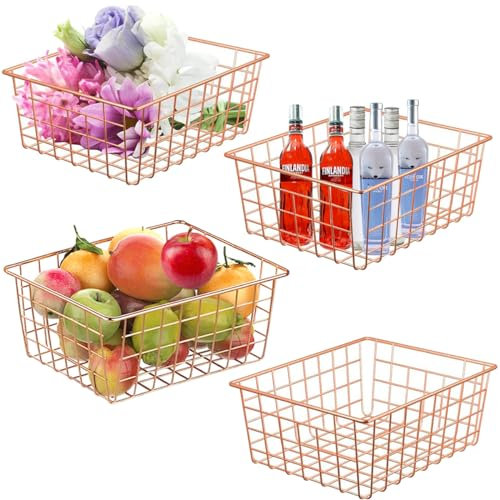 LOSYHU 4 Pack Wire Baskets for Pantry Metal Wire Freezer Organizer Bins with Handles, Metal Basket Rose Gold Wire Baskets for Storage Organizing Office, Kitchen Cabinets, Bathroom, Countertop