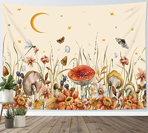LB Wandteppich Herbst Pilz Wandtuch Rosa und hellbraun blumig in der Pflanze Wandbehang Mond und Sternenhimmel Beige Tapisserie für Wohnzimmer Schlafzimmer Wohnheim Wanddeko,150x100cm