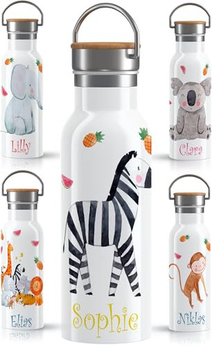 OWLBOOK® Edelstahl Trinkflasche Kinder personalisiert | Wasserflasche Flasche BPA-frei | 600 ml | Auslaufsicher Spülmaschinenfest | Schulanfang Geschenke zur Einschulung Mädchen Jungen | Zebra