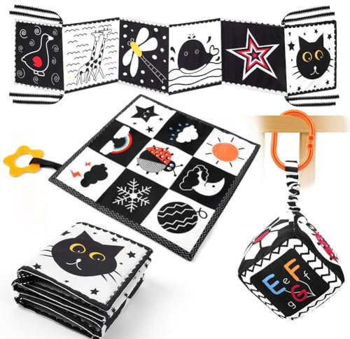 Aolso Kontrastbuch Schwarz Weiß Stoffbuch, Kinderwagen Spielzeug, 3 Stück Kinderbett Sensorik Spielzeug, Hängespielzeug, Kontrastkarten Sensorik Kontrast Geschenk für die frühe Bildung