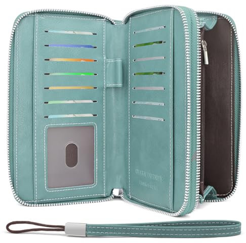 HNOOM Portefeuille Femme en Cuir PU Grande Capacite Porte Monnaie Femme RFID Blocage Porte Feuilles pour Femme avec 14 Emplacements Cartes Fermeture Eclair Longue Portefeuille (Bleu Clair)