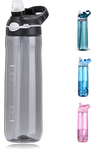 DEARART 24oz Water Bottles With Straw, 100% Leakproof BPA FREE Hidden Nozzle, Flip Up Lid Clear Water Bottle With Handle, Wide Bottle Easy Clear, Suit Office Sports Travel Gym Yoga, Black