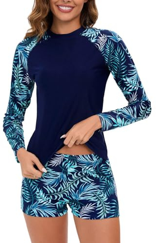 Womens Rash Guard Set 2 Piece Long Sleeve Swim Shirt with Boyshort Surfing Bathing Suit Swimsuits Ladies Swimming Costumes Elastic Swimwear