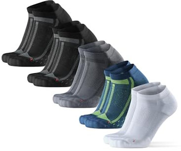 DANISH ENDURANCE Kurze Laufsocken, 3 & 5 Paar Sommer Sportsocken, Schweißableitend, Unisex, für Damen & Herren, Mehrfarbig (2xSchwarz,1xBlau/Gelb,1xGrau,1xWeiß), 43-47