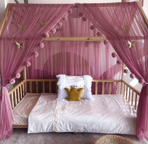 Baby Fancyroom Ciel de lit de Maison, décoration pour Chambre d'enfant, lit d'enfant, baldaquin, Guirlande de Pompons en Tulle de qualité supérieure (Vieux Rose Fonce, 380cm, +5 Papillons Dores)