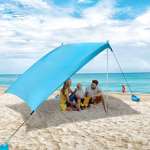 Tente de Plage Anti UV UPF50+, AKLIFFE 2.1m x 2.1m Sunshade portative d'auvent avec 2 Pièces Poteaux en Aluminium, 4 ancrages de Sac de Sable, Abri Extérieur pour la Plage, Camping ou Pique-Niques