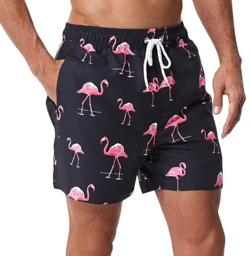 FREDRM Costume da bagno da uomo ad asciugatura rapida, con fodera in rete sopra il ginocchio, Fenicottero rosa, Medium