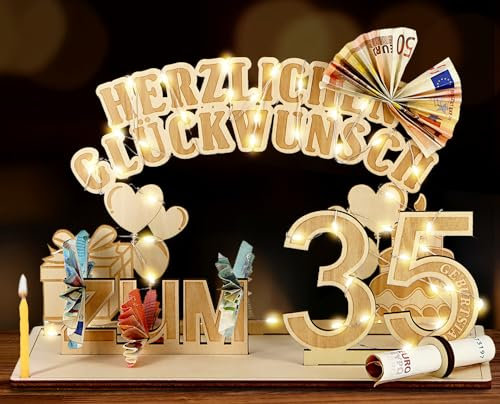 Giftota Original 35. Geburtstag Geldgeschenke Holz mit LED Lichterkette, Geschenke zum 35 Geburtstag Mann Frau, 35. Geburtstagsgeschenk Dekoration