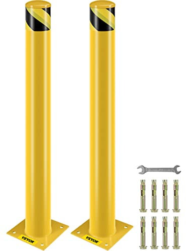 VEVOR Bollard de Sécurité 107x11,4 cm 2PCs, Borne de Sécurité en Tuyau d'acier, Revêtement en Poudre Jaune, Barrière de Sécurité avec 8 Boulons d'ancrage pour Parking, Stationnement, Piétons, Écoles