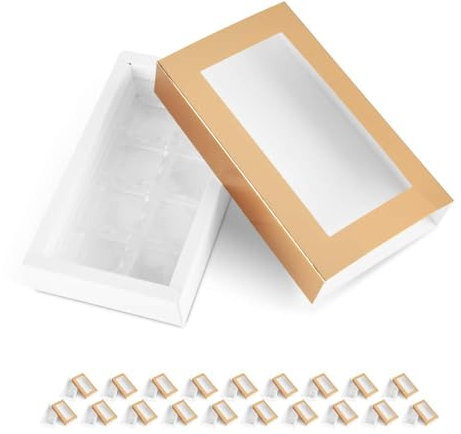 PKGMAGIC Lot de 20 Boîtes à Truffe et Chocolat avec Plateau en Plastique 8 pièces, Emballage Coulissant avec Manchons à Fenêtre Transparente (Or Brillant)