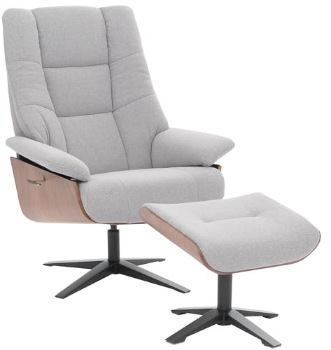 MCA Relaxsessel + Hocker HWC-N57, Fernsehsessel Liegesessel, Bouclé Stoff Holz - grau