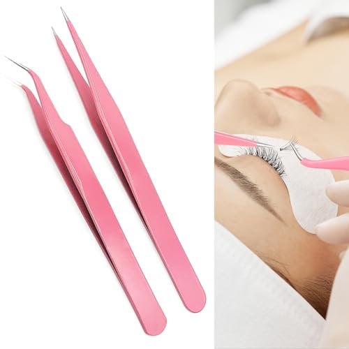 2 Pcs Eyelash Extension Tweezers, Stainless Steel Straight and Curve Tip Nail Art Tweezers, for Eyelash Extensions