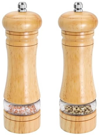 Lot de 2 moulins à poivre en bois avec moulin à poivre manuel en bois massif réglable avec soucoupe et fenêtres transparentes (17 cm)