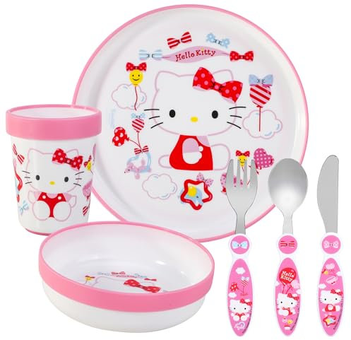 Zawadi Global Hello Kitty Service de table réutilisable 6 pièces pour enfants - Assiette, bol, tasse, couteau, fourchette, cuillère - Vaisselle pour enfants - Rose - Caricature - Fête Prénatale