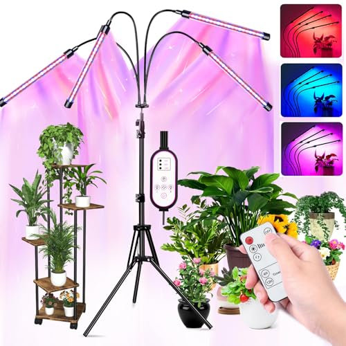 Sathychanpy Luces para plantas,Lámpara LED Cultivo de 4 Cabezales de Espectro Completo con 80 LEDs,4/8/12H Temporizador para Plantas Grandes Flor, Lámpara LED Cultivo de 3 Modos 9 Niveles de Brillo
