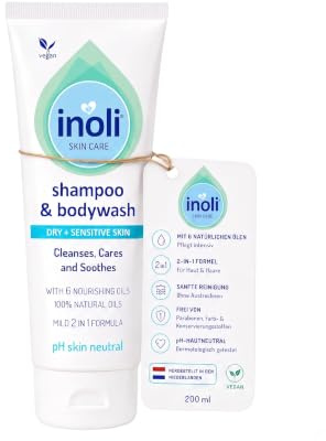 Inoli 2-In-1 Baby Shampoo & Duschgel - pH-Hautneutral - Vegan Babypflege | 6 Natürliche Öle: Sojaöl, Sonnenblumenöl, Camelinaöl & Vitamin E - Sanfte Babypflege Für Empfindliche Haut, 200 ml