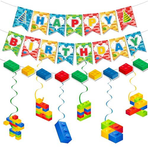 Bausteine Geburtstag Party Deko, 7pcs Baustein Party Dekoration Set, Baustein Geburtstag Banner Bausteine Party Hängende Wirbel