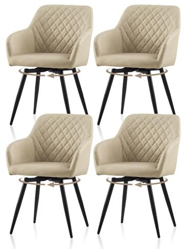TUKAILAI 360° Drehbare Esszimmerstühle mit Armlehnen 4er Set, Ergonomischer Kunstleder Drehstuhl mit Rückenlehne & Metallgestell, Küchenstuhl Polsterstuhl für Esszimmer, Homeoffice, Wohnzimmer, Beige