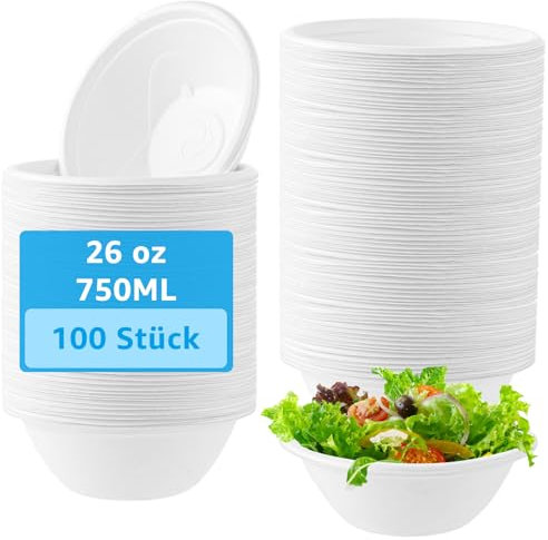 Oungy Lot de 150 bols à soupe jetables en carton blanc - 480 ml - Bols à soupe jetables en canne à sucre - Bols à soupe jetables - Pour pique-nique, fête