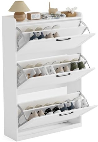 FiveWillowise Shoe Storage Cabinet 120x80x24cm, with 3 Flip Louvered Doors, Narrow Shoe Storage in Wooden For Hallway, Entreway, Living Room (White)