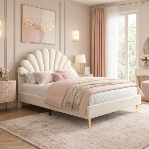 BEIJIALY Gepolstertes Doppelbett 140 x 200 cm, Modernes Bett mit muschelförmigem Kopfteil, Samt, goldenen Beinen, Bettrahmen mit Lattenrost, ohne Matratze (Beige)