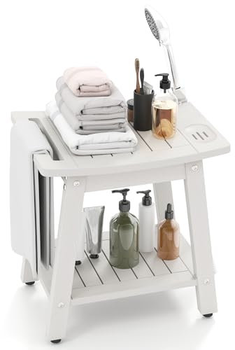 COSTWAY Tabouret de Douche avec Poignée, Banc Salle de Bain à 2 Niveaux, Support de Douche et Porte-Savon, Porte-Serviette, Tabouret Salle de Bain Incurvée, Charge 150 kg (41 x 31,5 x 43,5 cm)