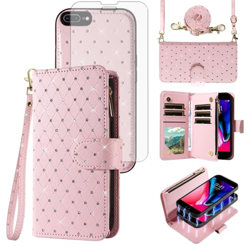 Compatible with iPhone 7plus 8plus 7/8 Plus Wallet Case Zipper Cell Screen Protector Crossbody Lanyard Strap Bling Glitter Flip Phone Cover for i Phone7s 7s + 7+ 8s 8+ Phones8 7p 8p Women Pink