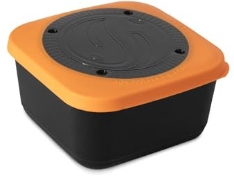 Korda Guru Bait Box 3.3 Pint | Match Fishing Bait Box | For All Types of Bait | Tight Fitting Secure Perforated Lid | Stackable | Strong Plastic Construction | Black with Orange Lid
